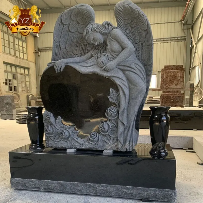 Cimetière de style américain en marbre noir sculpté à la main Pierre tombale de l'ange pleureur Monument Statue d'ange en granit noir Pierre tombale