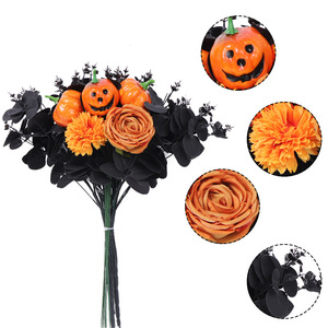 Ramo decorativo de Halloween fácil de conseguir, flores de seda, hojas negras, calabazas naranjas para el hogar, boda, accesorios para exteriores - Product Image 2