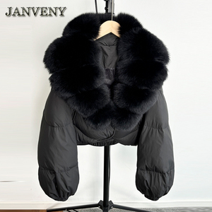JANVENY Piumino Corto Invernale 2025 da <span class=keywords><strong>Donna</strong></span> con Vera Pelliccia di Volpe, Giacca Calda e Spessa con 90% Piumino d'Anatra Bianco, Modello Cropped Ampio e Impermeabile - Product Image 3