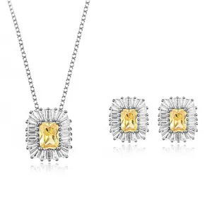 925纯银黄玉方形锆石钻石项链女耳环两件套精致法棍水晶饰品套装