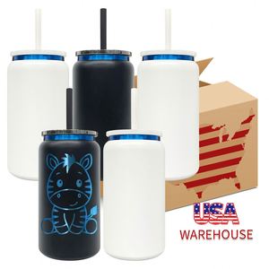 <b>Double</b> <b>Walled</b> Blue Underneath 16oz Vacuum Stainless Steel Can <b>Cups</b> with clear Plastic Straws for Laser Engrave - Product Image 1
