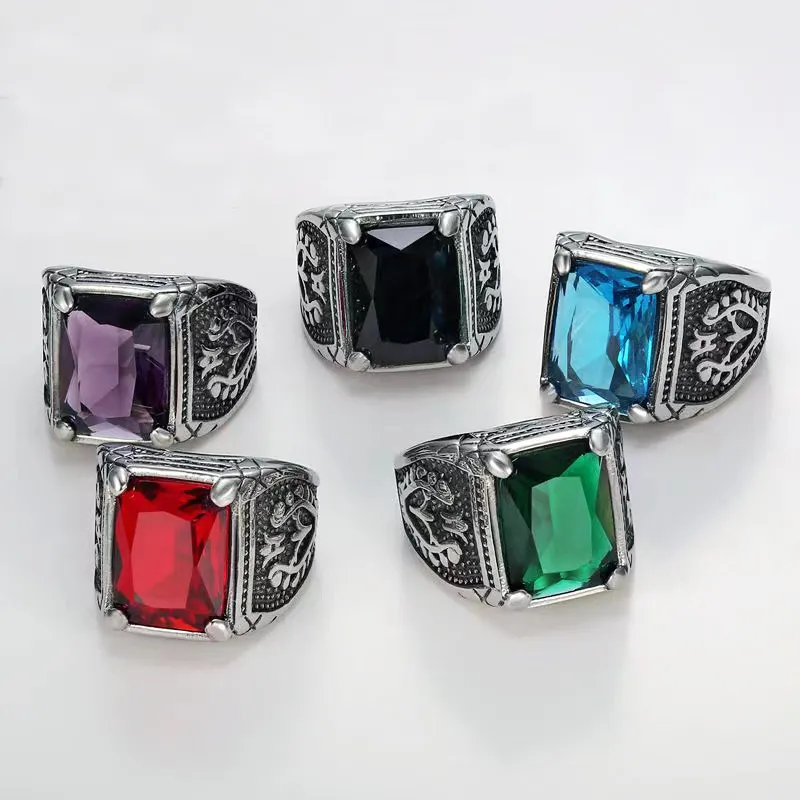 new punk retro 316 stainless steel colored gem stone flower pattern men's ring Jewelry For Men red stone ring jewelry women