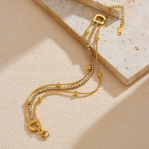 Stylish Multi Layer <b>Gold</b> Plated Snake Chain <b>Bracelet</b> With Crystal <b>Beads</b> Geometric Design Party Jewelry B2049 - Product Image 3