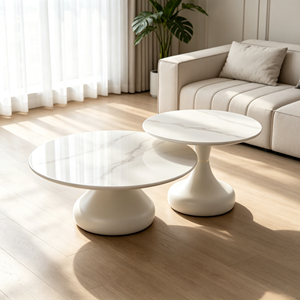 Ensemble de tables basses gigognes rondes modernes avec plateau en marbre, design minimaliste pour salon, base blanche - Product Image 4