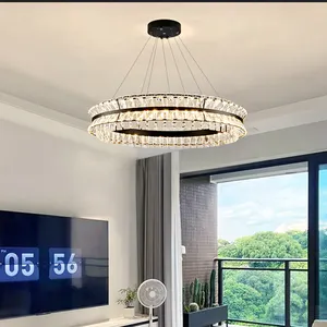 2024 nouveau salon Led lustre cristal grand rond moderne noir or cristal lustre de luxe