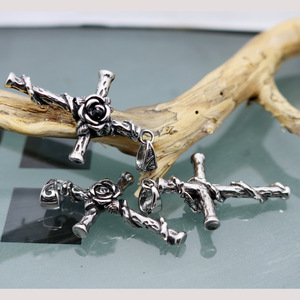 yunnique Stainless Steel Cross Pendant With Rose Design Bezel Setting For Gift <b>White</b> Red Black Diamond Options - Product Image 2