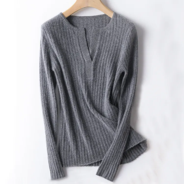Women Cashmere Sweater Amazon Top Sell Women Winter Custom OEM V-neck Rib Pure Cashmere Pullover Sweater