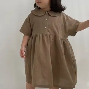 2024 популярные платья для маленьких девочек с отложным воротником, хлопковое и льняное платье для девочек, однотонная мягкая одежда для детей
