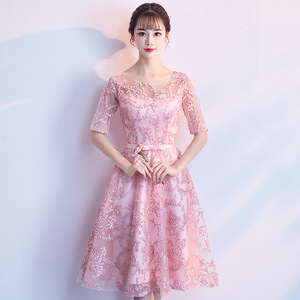 Elegant Pink Lace Bridesmaid Dress Mid Length Sweetheart Neckline Polyester Fiber Candy Color Engagement Dress - Product Image 3