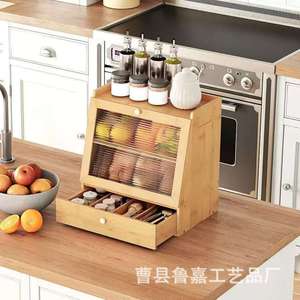 Caja de pan de madera maciza con almacenamiento de varias capas, tapa abatible y estante divisor para uso en encimera de cocina. - Product Image 4