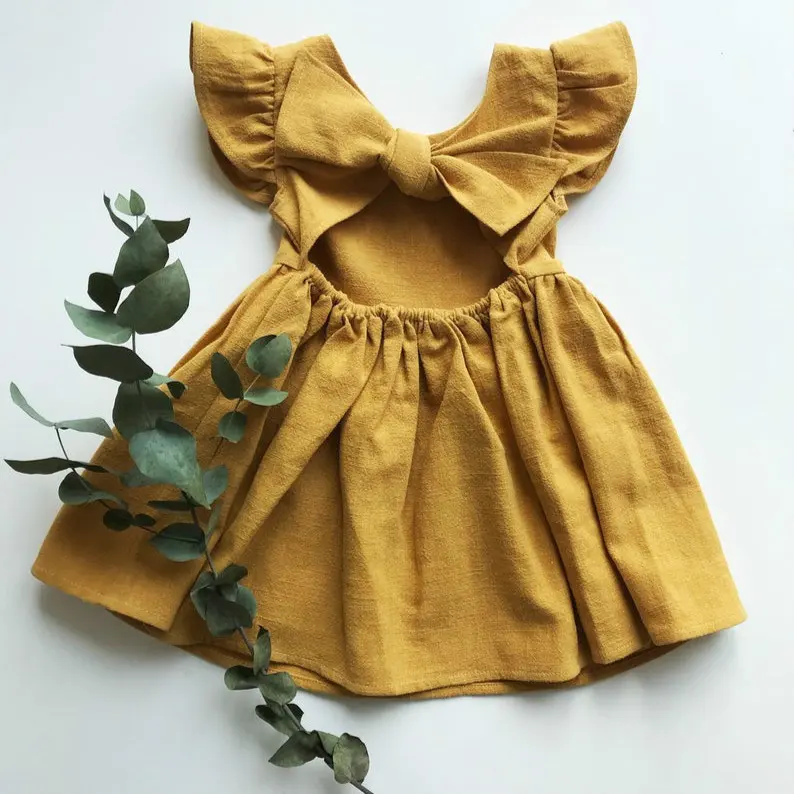 Hot Sale Baby Girl Skirt Latest Design Summer Linen Cotton Clothes One Piece Solid Kids Dress