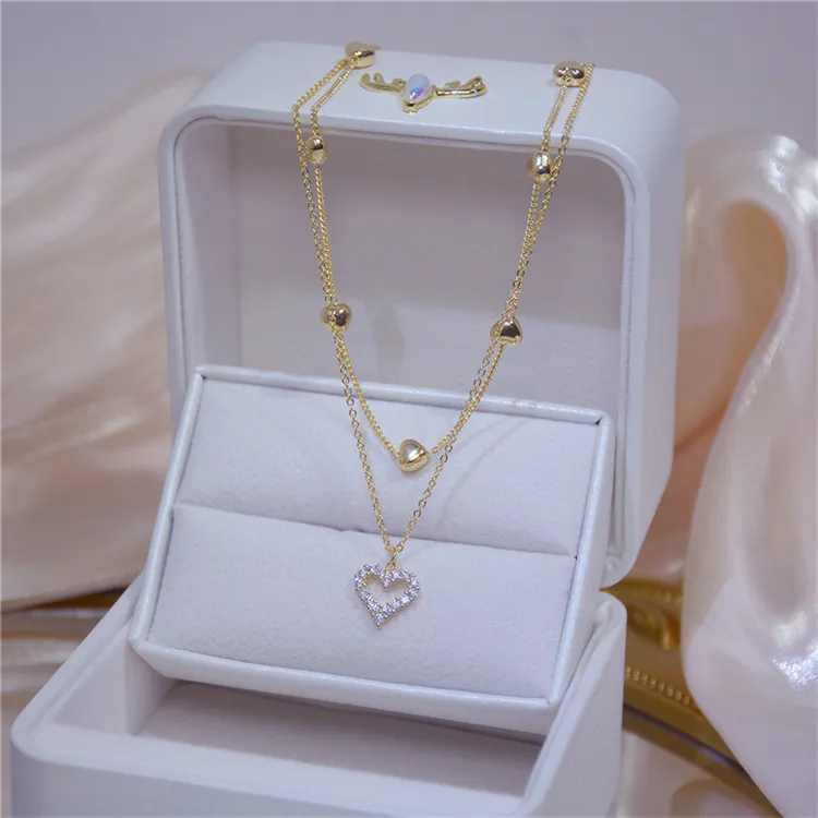 Ins kalung perhiasan grosir kalung rantai klavikula penuh berlian imitasi penuh hati berlapis