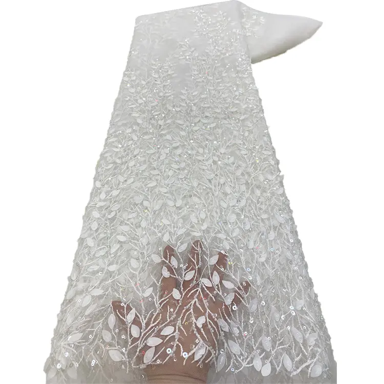 Tecido de renda para vestidos de casamento com apliques de lantejoulas brancas 3D bordado em malha bordada