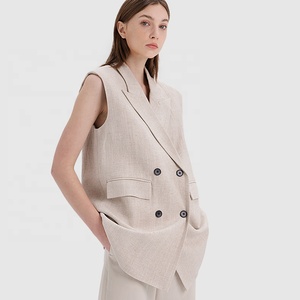 Gilet da donna lungo sartoriale doppiopetto con tasche gilet Beige elegante giacca senza maniche in lino - Product Image 2