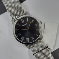 Montre chronographe à quartz pour homme en acier inoxydable argenté avec cadran noir de 44 mm et bracelet en maille d'acier inoxydable de 22 mm