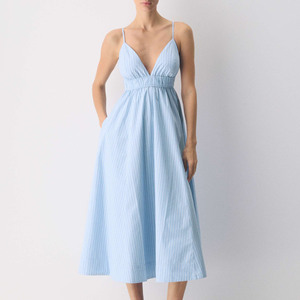 Robe longue élégante et sexy pour femme, bleu ciel, col en V, style vintage rayé, taille élastique, idéale pour les vacances d'été - Product Image 1