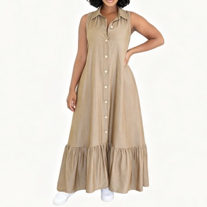 Abito lungo da donna estivo casual, tinta unita, senza maniche, con collo all'americana, monopetto, orlo arricciato, fluido e ampio, con arricciature, Sehe Fashion - Product Image 2