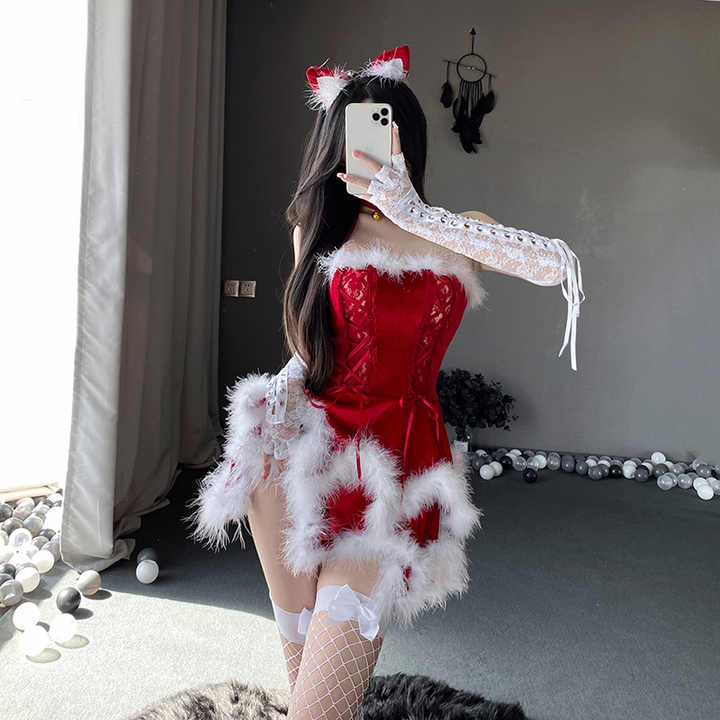 Christmas Santa Claus Reindeer Hooded Shawl Outfits Xmas Women Furry Red Strapless Dress Cosplay Costumes