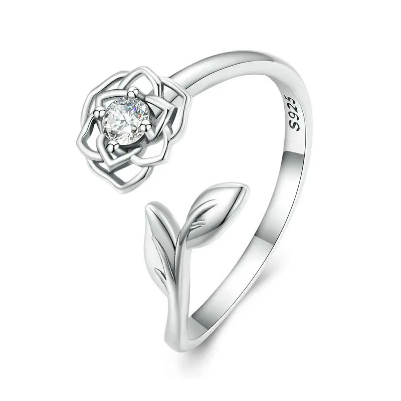 Wholesale Everyday Character Personalized Women Round Minimalist Silver Rose Original Diamond Jewelry Zircon Leaf Rings