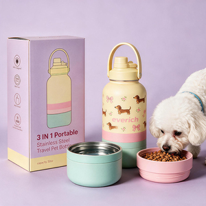 32oz 3 in 1 Portable <strong>Dog</strong> Water Bottle with Food Compartment and Detachable <strong>Bowls</strong> 304 <strong>Stainless</strong> <strong>Steel</strong> Leakproof Pet Travel - Product Image 2