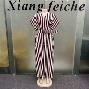 Nouvelle Robe Décontractée Femme 2026 à Rayures Verticales Rose et Blanches, Col en V, Manches Courtes, Ceinture Ajustable, Coupe Ample, Style Boubou Caftan Imprimé Africain - Product Image 5