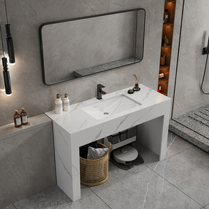 Meuble de salle de bain luxueux gris clair, armoire à miroir intelligente, lavabo blanc, comptoir en marbre autoportant - Product Image 3