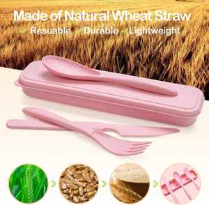 Ensemble de couverts portables écologiques de qualité alimentaire pour adultes et enfants, sans BPA, en acier inoxydable et paille de blé, avec étui de protection, idéal pour les voyages et les cadeaux promotionnels - Product Image 6