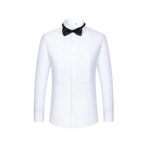 <span class=keywords><strong>Camisa</strong></span> de esmoquin para hombre con pliegues frontales, <span class=keywords><strong>cuello</strong></span> tipo ala, mezcla de viscosa de bambú elástica, manga larga, para boda formal, venta al por mayor OEM - Product Image 1