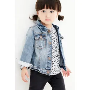 Mid Blue Denim Jacket For Kids Custom Baby Girls Jeans Coat Long Sleeve Casual Outwear 6months-8Y