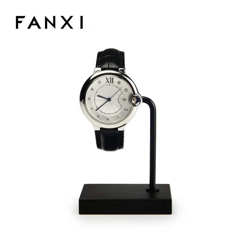 FANXI wholesale custom logo watch display rose gold and black metal display watch stand with clear C-ring watch stand holder