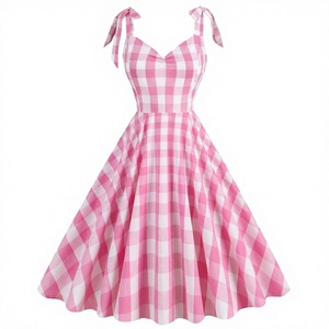 Vestido midi vintage a cuadros rosa, cuello corazón, sin mangas, transpirable, de algodón tejido, informal, para verano. - Product Image 3