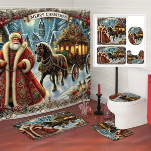 Cortina de Ducha de Poliéster con Diseño de Carroza de Caballos Roja de Santa Claus, Cortina de Baño con Impresión Digital, Impermeable, Impresión Personalizada, Venta al por Mayor, Moderna 2 - Product Image 1