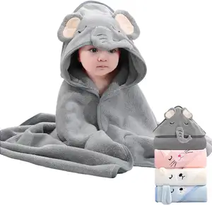 Handuk hoodie bayi bentuk hewan kartun, serat mikro beludru koral handuk mandi bayi handuk ponco bertudung