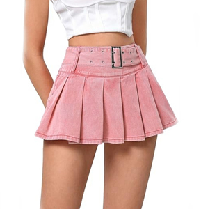Estate donna nuova moda elegante vita alta rosa Denim Mini <span class=keywords><strong>gonna</strong></span> plissettata cintura vita Design plissettato per Casual Sexy lavato - Product Image 1