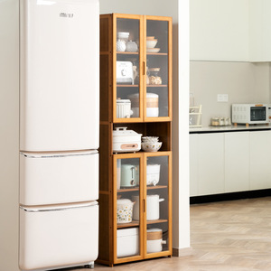 Armoire de rangement de cuisine multi-niveaux avec portes en verre, en bambou, design moderne pour l'organisation des ustensiles et de la vaisselle - Product Image 4