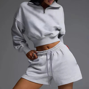 Fashion Custom Damen Quarter Zip Pullover Hoodie und Shorts Set Siebdruck Baumwolle Fleece Tracked Suit - Product Image 3