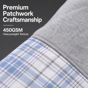 Sudadera con capucha para hombre personalizada, de algodón de alto gramaje, con media cremallera, patchwork a cuadros y mangas a cuadros en contraste, estilo oversize streetwear, al por mayor - Product Image 4