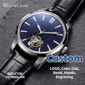 Reloj de pulsera de marca propia OEM ODM con logotipo personalizado, mecánico 8215, automático, tourbillon, esfera azul estrellado de aventurina, acero y cuero. - Product Image 1