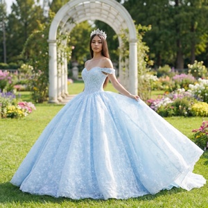 Dy8515 Impresionante Vestido de Gala Azul Celeste con Hombros Descubiertos, Apliques de Encaje Floral y Corsé, Vestido de Quinceañera Jancember - Product Image 1