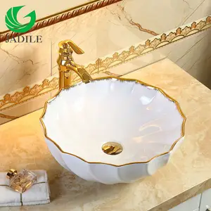 Banyo Lavabo White And Gold Table Top Fancy Wash Basin Bathroom Ceramic Round Sinks Bowl Art Basin For Hotel
