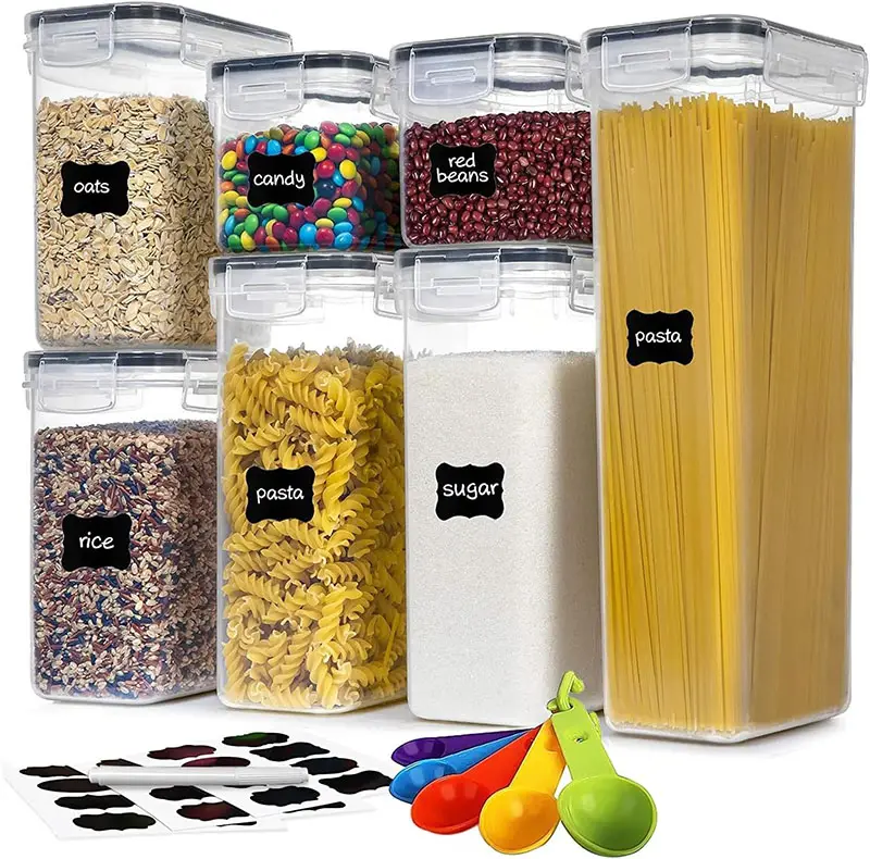 700114シリアル小麦粉砂糖に最適な蓋付きキッチン整理用の基本的な7ピース気密プラスチック食品包装容器