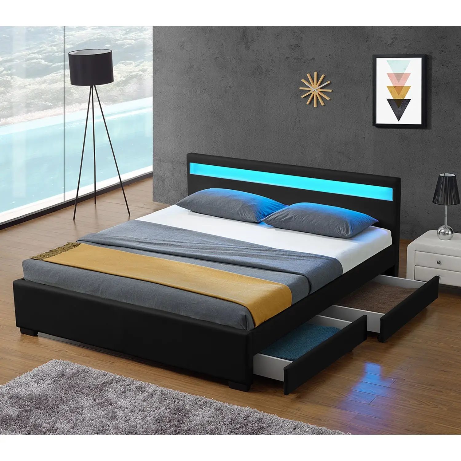 Nouveau design populaire Cadre de lit en cuir rembourré avec lumières Tête de lit Meubles de chambre à coucher Rangement moderne pleine grandeur Lit électrique