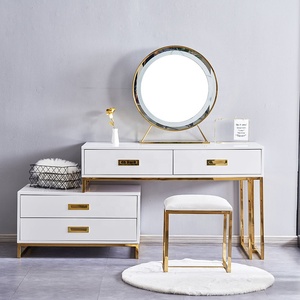 Modern Dressing <strong>Table</strong> Set with Round Mirror Luxury High <strong>Gloss</strong> <strong>White</strong> Wood Makeup Vanity <strong>Table</strong> - Product Image 1