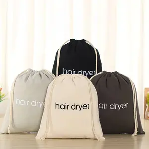 Custom embroidery printing logo canvas cotton linen hair dryer packaging drawstring pouch bag