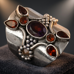 Anillo de cóctel Art Palace de plata 925 con piedra granate, engaste de bisel vintage, diseño geométrico unisex - Product Image 3
