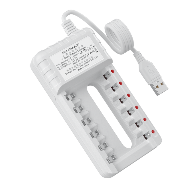PUJIMAX Universal 6-Slot USB Rechargeable Battery Charger 1.2V AA/AAA Nimh Nicd for USB Devices