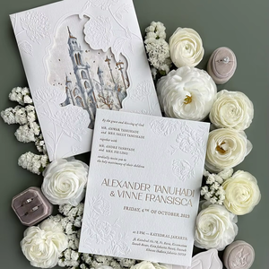 Invitación de <span class=keywords><strong>Boda</strong></span> con Ilustración de Lugar en Acuarela Personalizada, Impresión Tipográfica, Estampado en Relieve, Multicapa, con Sobre Floral - Product Image 1