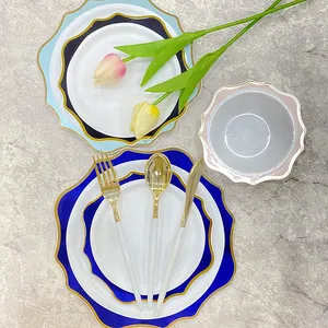 Plato de cena con borde dorado y Flor de 7,5 pulgadas, platos de plástico azul real y blanco para boda, platos de forma irregular verdes