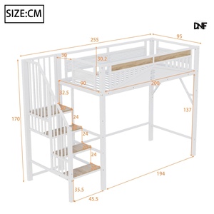 Lit mezzanine moderne avec échelle, garde-corps, cadre métallique, éléments décoratifs <span class=keywords><strong>de</strong></span> fenêtre, taille Twin XL, DNF (sans matelas) - Product Image 1