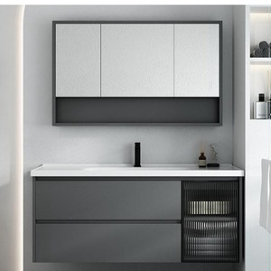 CR 120cm Grey <b>Bathroom</b> Vanity with <b>Mirror</b> Cabinet, Modern Minimalist Solid <b>Wood</b> Washbasin Sink - Product Image 3